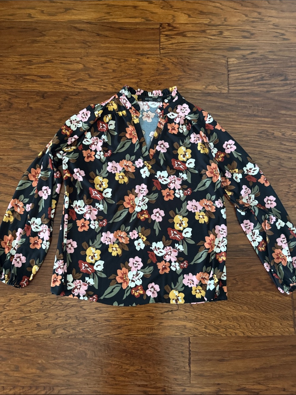 Floral V-Neck Long Sleeve Blouse - Black with Pink, Yellow & Orange Flowers